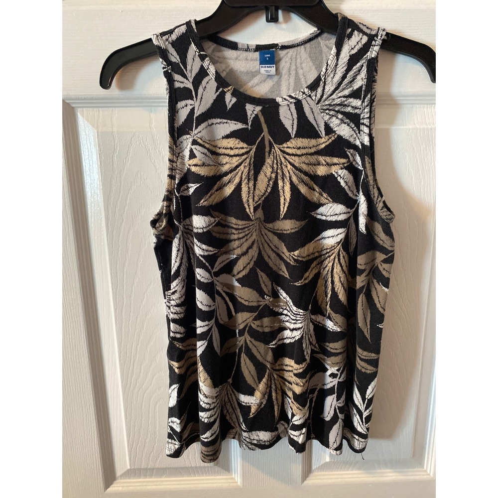 Old Navy Luxe Tank Top Womens Small Black Tan Tropical Leaf Print Sleeveless Tee